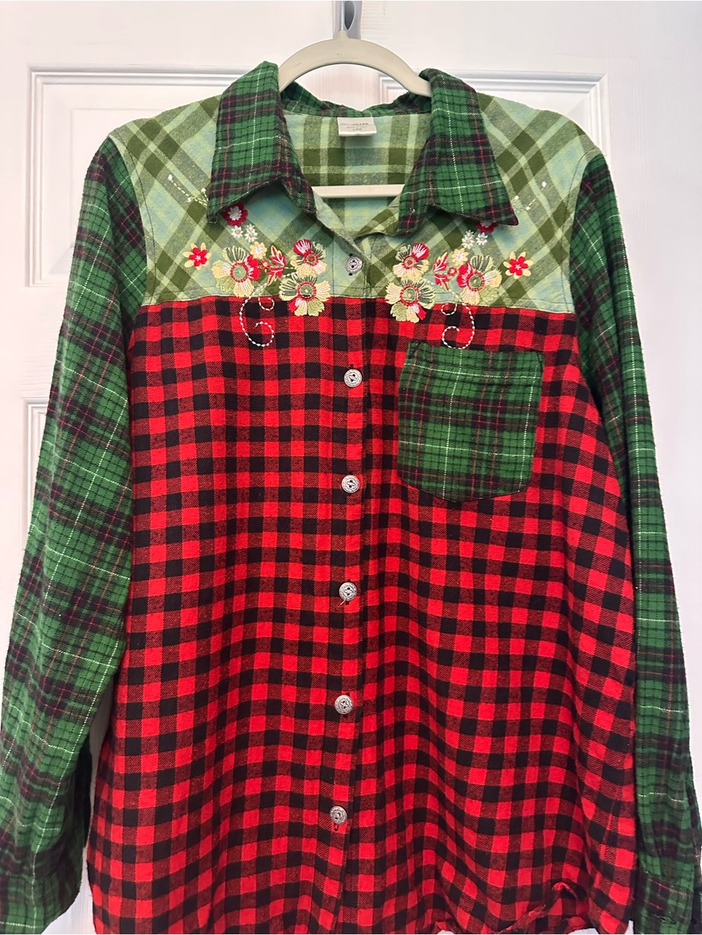 Blair Red & Green Plaid Button-Down Shirt with Embroidered Floral Yoke